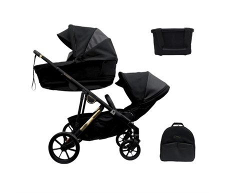 Bambini Prams Lisbon Black / Gold Standard Bundle (With Bassinet & Lower Adaptors) Inc Backpack + Shopping Basket 