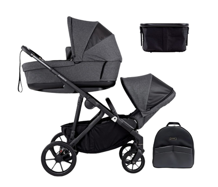 Bambini Prams Lisbon Charcoal / Black Standard Bundle (With Bassinet & Lower Adaptors) Inc Backpack + Shopping Basket 