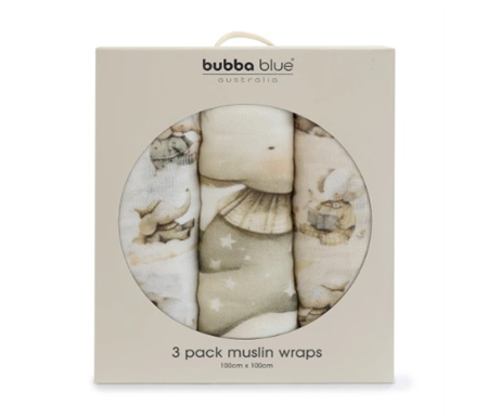 Bubba Blue Elephant Bedtime - 3pk Muslin Wraps