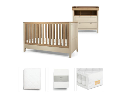 Mamas & Papas Cashmere Harwell Bundle 5pc Set - Cot, Mattress, Dresser, Changetable Top, Quilted Mattress Protector, Fitted Sheet