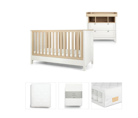 Mamas & Papas White Harwell Bundle 5pc Set - Cot, Mattress, Dresser, Changetable Top, Quilted Mattress Protector, Fitted Sheet MID FEB