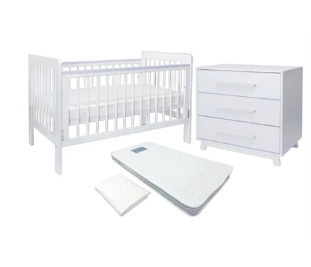 Sweet Pea Anita Cot White, 3 Drawer Chest & Standard Pocket Spring Mattress (1300-690)