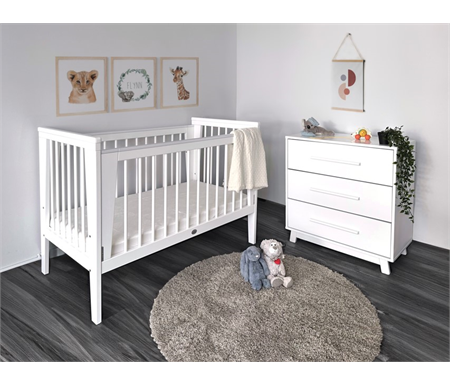 Sweet Pea Emma Cot, 3 Drawer Chest White Package & Standard Pocket Spring Mattress (1300-690)