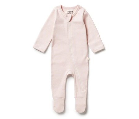 Wilson & Frenchy - Organic Stripe Rib Zipsuit with Feet - Cantaloupe- Organic Stripe Rib - Premmie
