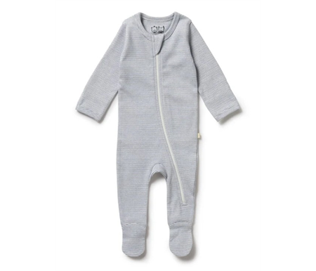 Wilson & Frenchy - Organic Stripe Rib Zipsuit with Feet - Rain Drop - Organic Stripe Rib - 0 to 3 months
