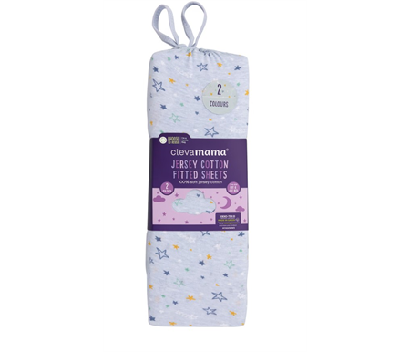 clevamama Jersey Cotton Fitted shets One Size Cot & Cot Bed 2PK  - Blue